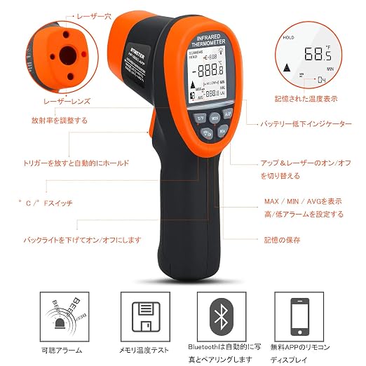 BTMETER BT-985CAPP Industrial Infrared Thermometer, 12:1 Distance Spot Ratio, Digital Non-Contact HVAC Laser Temperature Gun Test Temp -58℉~1472℉ for Kitchen Pizza Oven,NOT for Human