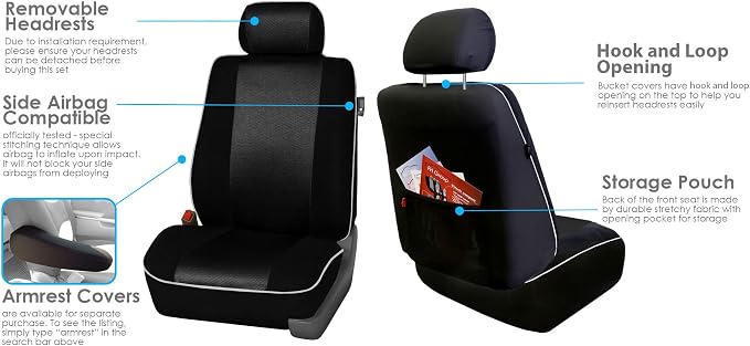 FH Group Car Seat Covers Three Row 7 Seater Cloth Car Seat Covers with Piping (Airbag and Split Ready) - Universal Fit for Cars Trucks & SUVs Solid Black