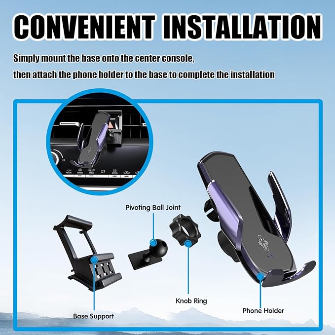 Car Phone Mount for 2019-2026 Toyota Corolla / Corolla Hatchback & 2022-2026 Corolla Cross, 15W Qi Wireless Fast Charging Auto-Clamping Center Console Phone Holder, 360° Adjustable, No Airflow Block