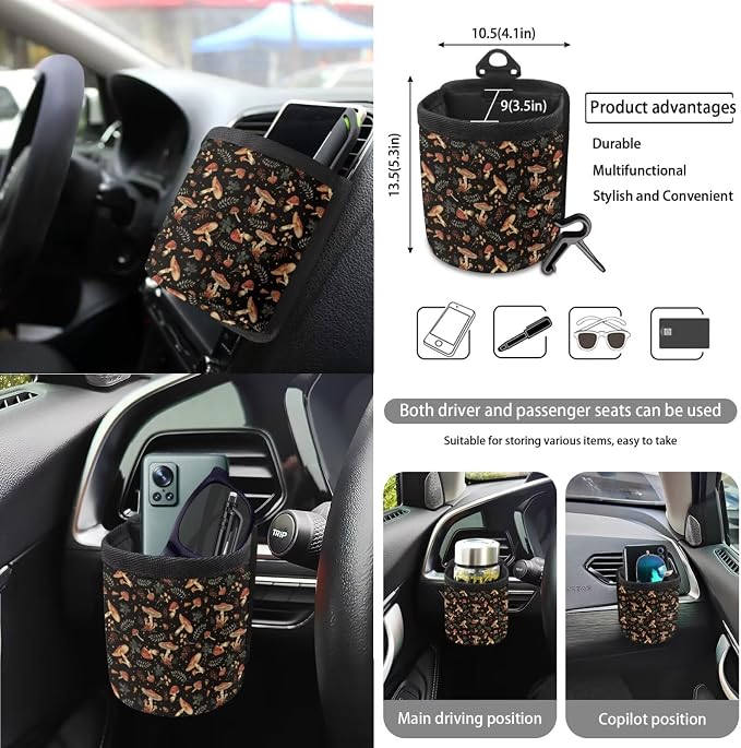 Cottagecore Mushrooms 15Pcs Car Seat Cover Full Set Car Steering Wheel Cover Seat Belt Cover Trash Bin Air Vent Storage Box Front Rear View Mirror Car Cup Holder Keychain