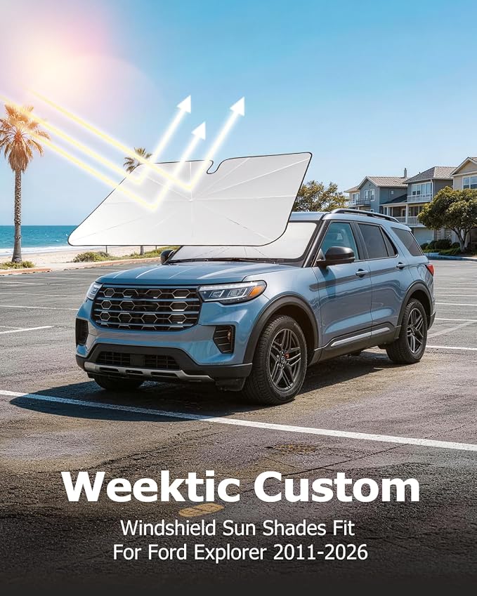 Weektic Custom Windshield Sun Shade Umbrella for Ford Explorer 2011-2026, [Double Thickened Ice Crystal Coating] Sun & Heat Protection, Keep Vehicle Cool & Protect Interior