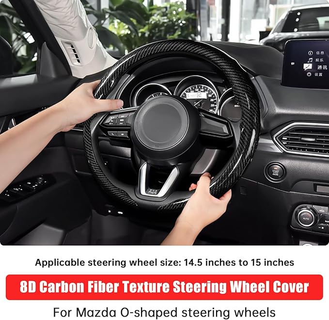 Car Steering Wheel Cover for Mazda 3, 5, 6, CX-3, CX-5, CX-30, CX-50, CX-9, CX-90, MX-5 Carbon Fiber Pattern Protective Cover - Black Compatible with 15-inch Wheels Decorative Modification Accessories