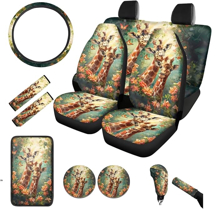 BIGCARJOB Animal Giraffe Car Seat Cover Sets 12 Pcs Auto Interior Accessories Funny Giraffe Print Seat Belt Cover,Armrest Seat Box Cover Cushion,Cup Mats,Universal Car Seat Protector Sets