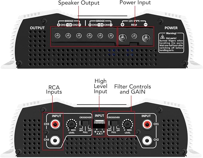 Taramps DS 800x4 1 Ohm 800 Watts RMS 4-Channel 200x4 RMS, Class D, Full Range, Crossover High / Low Pass Fixed, Bridgedable Car Audio Amplifier, White