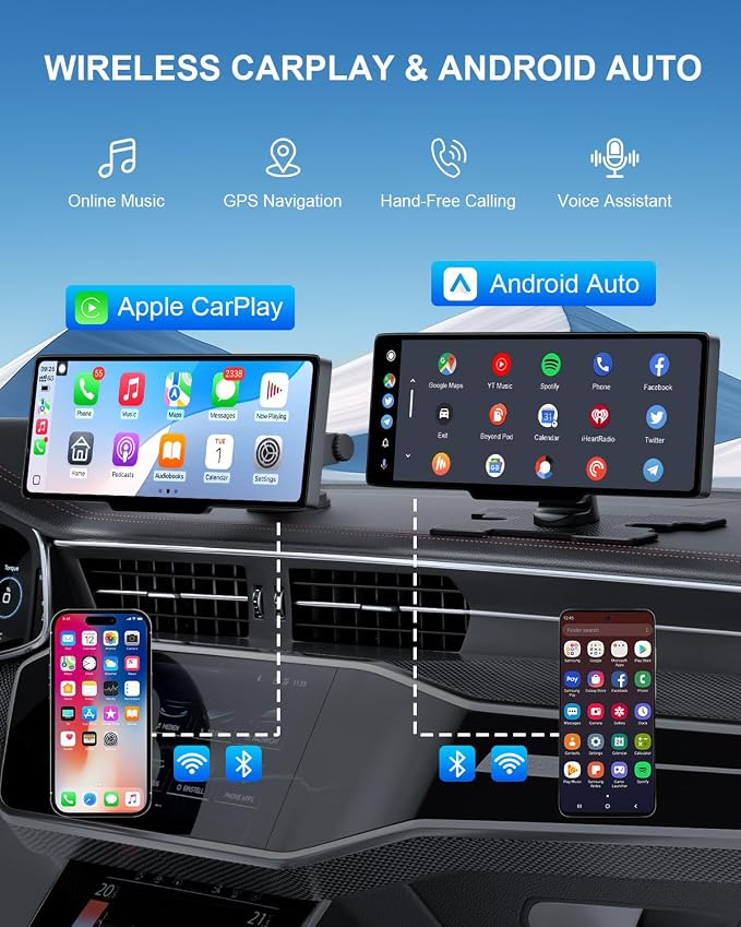 HK3 Carplay Screen for Car, 10.26’’ Wireless Apple Car Play & Android Auto Touchscreen, with 4K Dash Cam,1080P Backup Camera,64GB TF card, Car Stereo/GPS Navigation/Mirror Link/Bluetooth/Voice Control