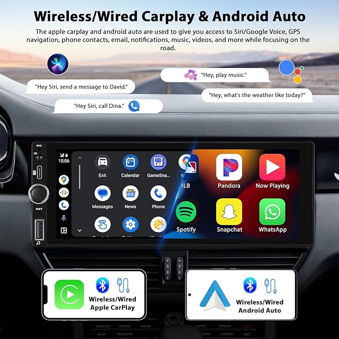 Inefala 6.86" Wireless Carplay Single Din Car Stereo Touchscreen Car Radio Bluetooth 5.0 Android Auto FM RDS EQ SWC Car Audio Receiver USB Type C Fast Charge MIC Backup Camera