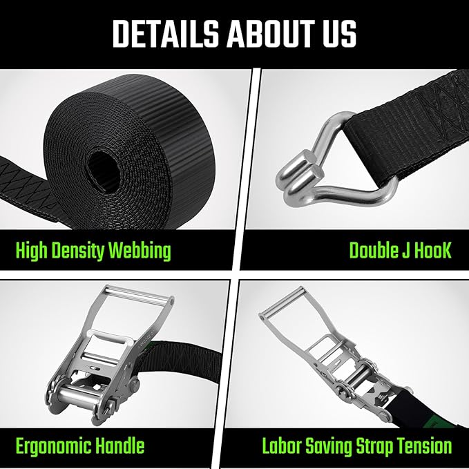 2 Inch Ratchet Straps Heavy Duty -20ft Tie Down Straps with J Hooks - 10,000lb Break Strength Ratchet Tie Down Strap - Black Heavy Duty Ratchet Straps - Cargo Straps for Truck, Lawn Equipment, 4 Pack