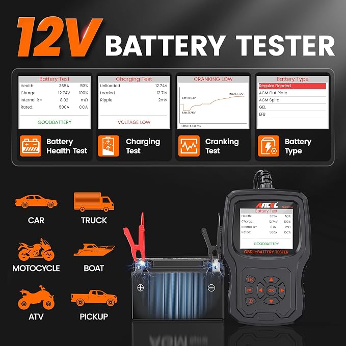 ANCEL AD530 PRO 2-in-1 OBD2 Scanner and 12V Battery Tester | Check Engine Light,Car Battery/Cranking/Charging System Test, Live Data Diagnostics Tool for 1996+ Cars & Motorcycles