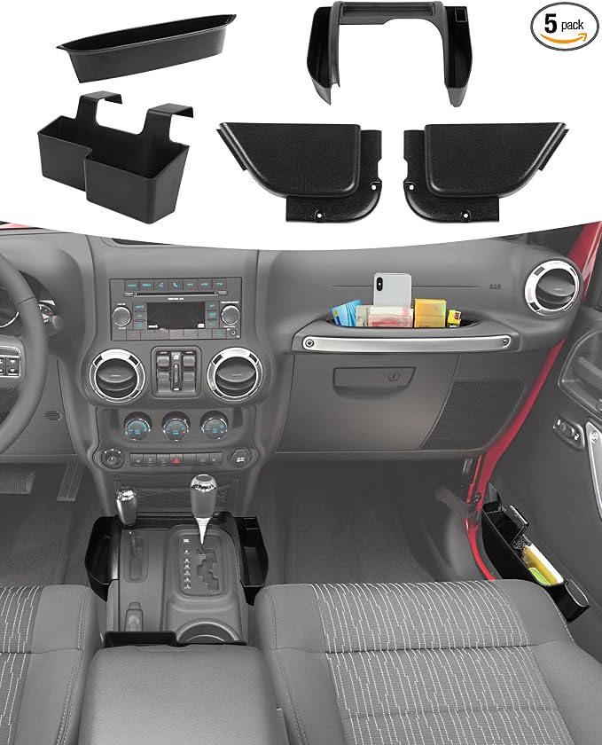 5PCS Center Console Organizer Interior Storage Accessories Fit for 2011-2018 Jeep Wrangler JK JKU Passenger Side Grab Handle & Gear Shift Trim & Front Door Net Pocket & Armrest Box Outer Storage Box
