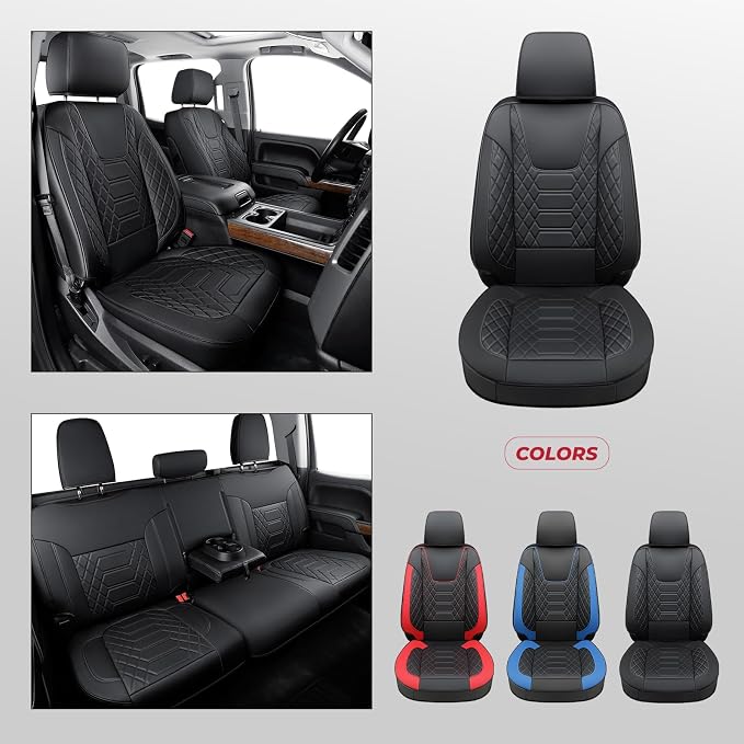 FREESOO for Silverado Seat Cover 2019-2024 2025 2026, Faux Leather Full Set, Fit for Silverado GMC Sierra 1500 Crew Cab Waterproof Truck Seat Covers, Black