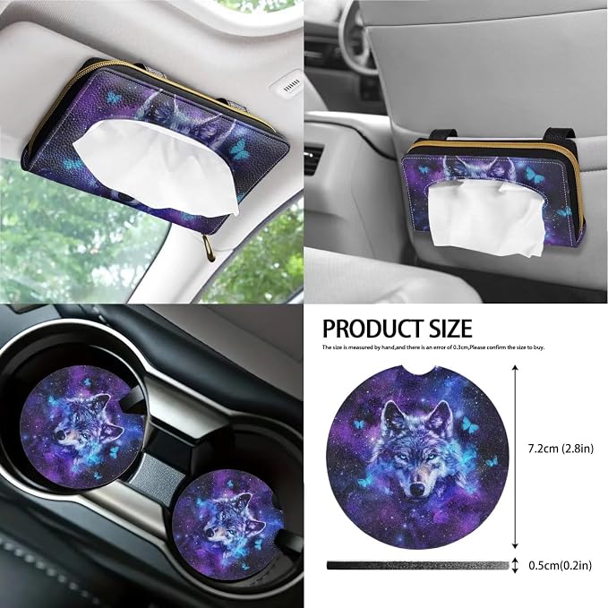 Poceacles Wolf Galaxy Butterfly Car Front Rear Seat Covers Full Set 13 PCS, with Steering Wheel Cover Seat Belt Covers Coasters Keychains Lip Balm Holder Tissue Case for Women Auto Accessories