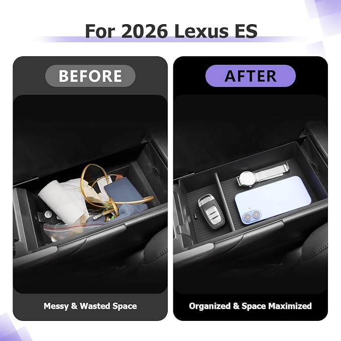 LUWU 2026 Lexsu ES350h/ES350e/ES500e Center Console Organizer for 2026 ES 350h/ES 350e/ES 500e Accessories Armrest Console Storage Box Insert Tray ABS Material Coin Container with Black Non-Slip Mat