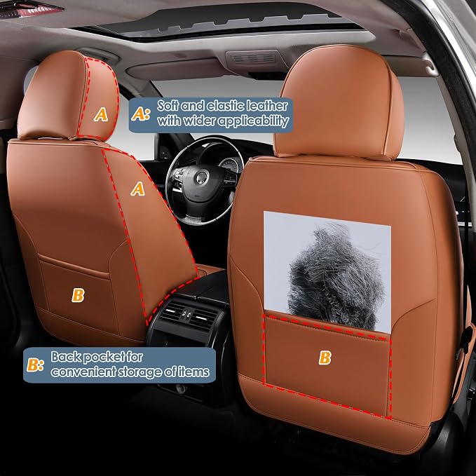 Car Seat Covers Full Set, 2-Seater Waterproof and Breathable Nappa Leather, Fit for Front Seats of Cars, Compatible with Airbags, Car Seat Protector Covers for Most Cars - All Brown