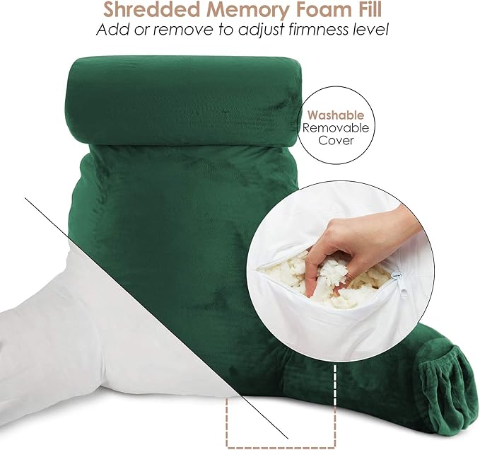 Nestl Reading Pillow with Shredded Memory Foam Includes 2 Neck and Lumber Support Pillows, Designed for Sitting Up in Bed and Couch, Back and Arms Adjustable Support for Adult & Teens, Dark Green