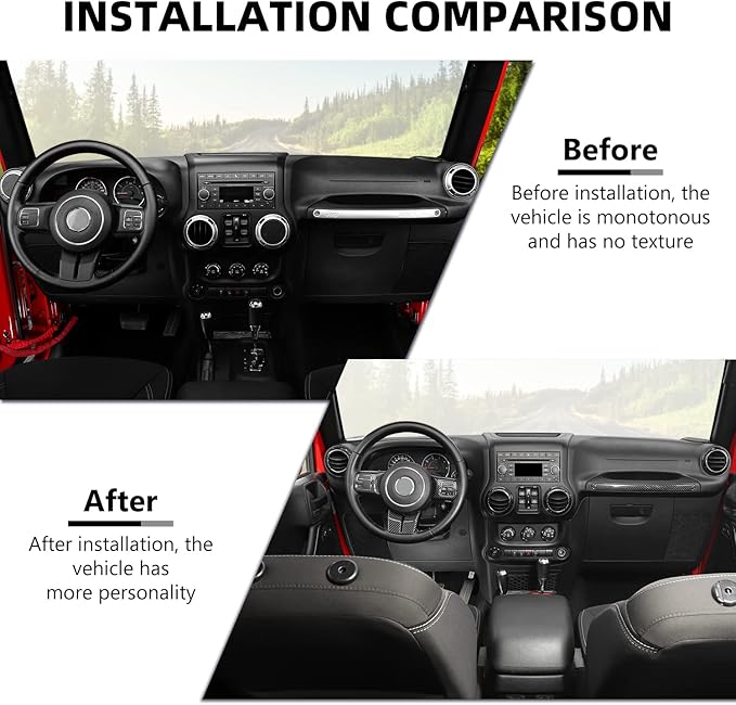 RAZPOY JK 18PCS Interior Trim Kit, Steering Wheel Trim & Gear Shift Cover Air Conditioning Vent Trim Compatible with 2011-2017 Jeep Wrangler JK 4-Door, Carbon Fiber
