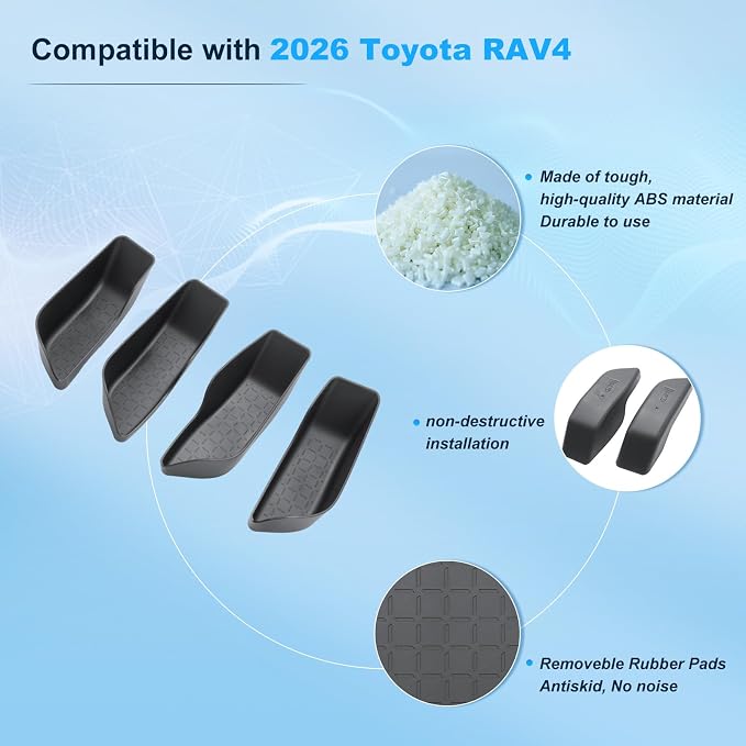 BIXUAN (4PCS) 2026 RAV4 Door Side Storage Boxes for 2026 Toyota RAV4 (6th Gen) Front & Rear Door Pocket Organizer Tray Set with Anti-Rattle Liners, 2026 RAV 4 Interior Accessories