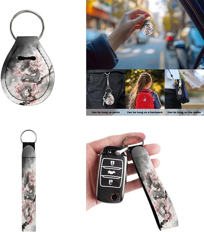 Cool Dragon Cherry Blossom Print Car Accessories Car Seat Covers Full Set with Steering Wheel Covers+Seat Belt Pads+Coasters+Keychain+Lipstick Holder Universal Fit 13 Pack