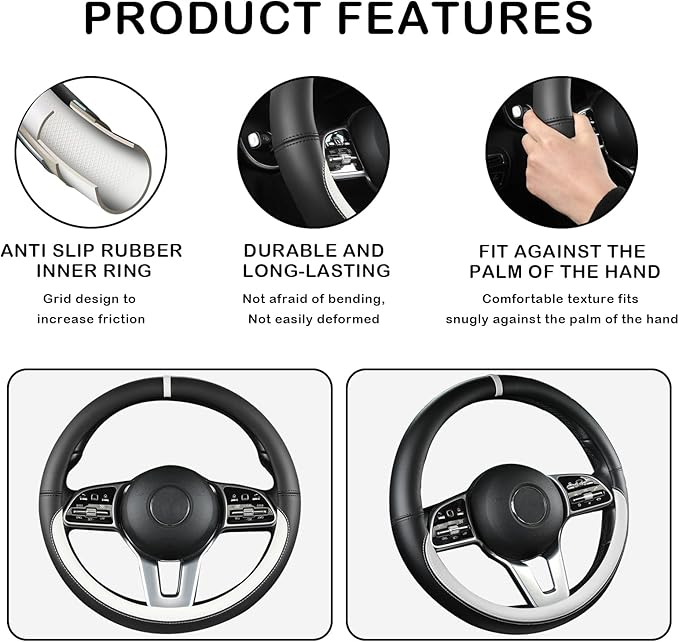 Black & White Nappa Leather Steering Wheel Cover, 14.5-15 inch Universal Car Steering Wheel Cover Non-Slip Breathable Absorbing Sweat Car Accessories