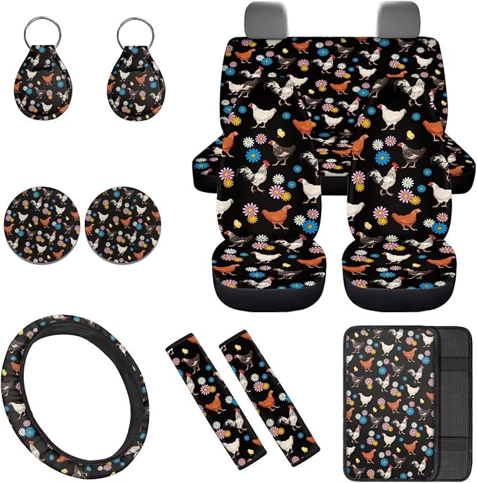 Thanksgiving Chicken Car Seat Covers Sets 12 Pieces Center Console Cover Car Steering Wheel Cover Seat Belt Pads Car Interior Accessories Universal Fit for Cars SUV