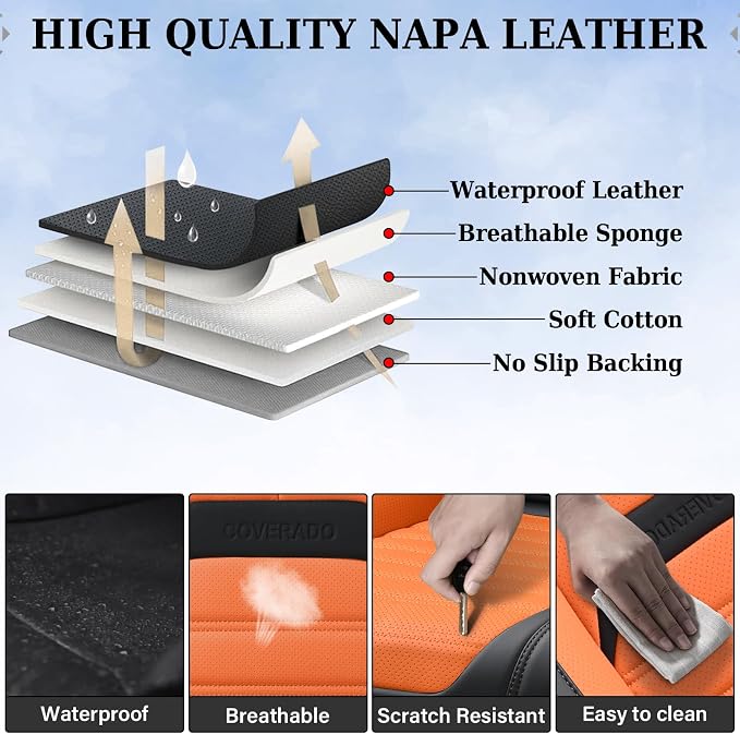 Coverado Car Seat Covers Full Set, Seat Covers for Cars, Automotive Seat Covers, Waterproof Nappa Leather Front Seats and Back Car Seat Protector, Universal Fit for Most Cars SUV Trucks,Black&Orange