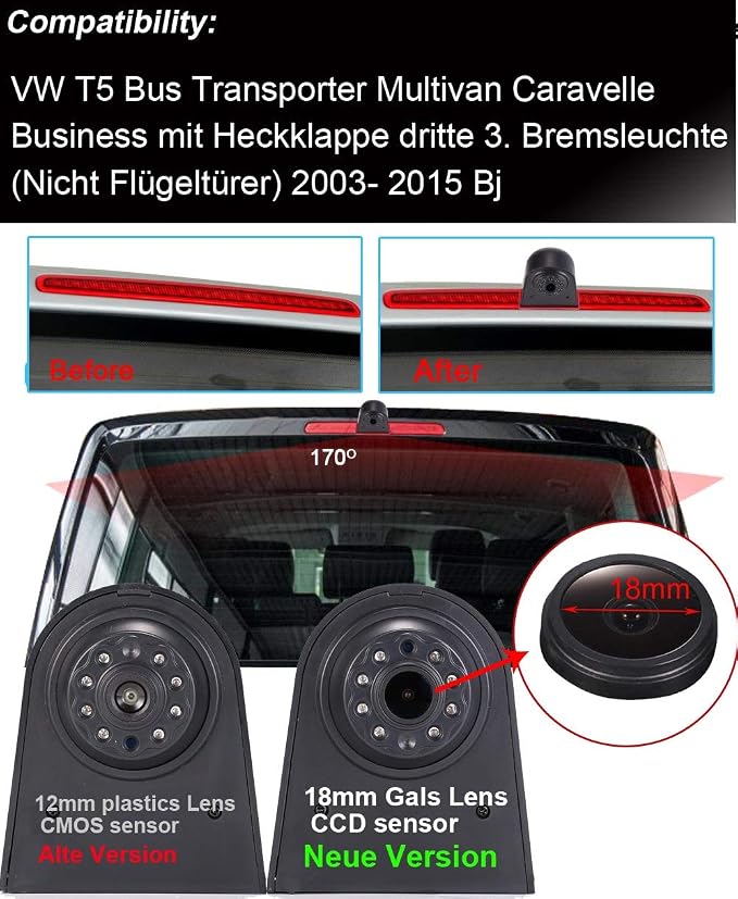 1280 * 720 Pixel Super HD Brake Light Backup Camera with 4.3 Inch LCD Monitor, Night Vision Reversing Camera Replacement for VW T5 Bus Transporter Multivan Caravelle Bussiness 2003-2015 Bj