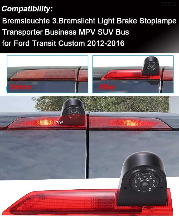 Car Third Roof Top Mount Brake Light 3 Rear View Camera Parking Safety Assistant System, HD Night Vision Waterproof for Ford Transit Custom 2012-2016 Brake Stop lamp Transporter Business MPV SUV Bus