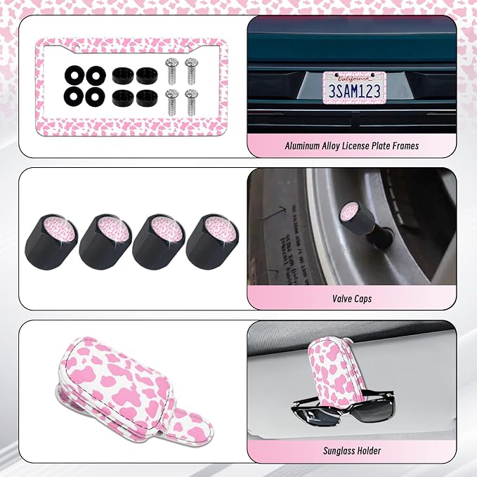 23 Pcs Leather Car Seat Cover Full Set for Women,Universal Car Seat Cover,Print Printing Car Steering Wheel Cover Center Console Armrest,Sunglass Holder Accessories Full SUV(Pink Cow)
