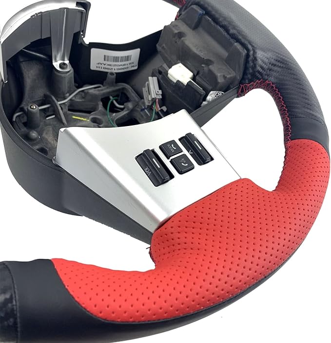 Matte Black Carbon Fiber&Red Perforated Leather Steering Wheel Cover Hand-Stitch Sew on Wrap for Nissan Pathfinder 2005-2012 / Nissan Xterra 2005-2015 / Nissan Frontier 2005-2019
