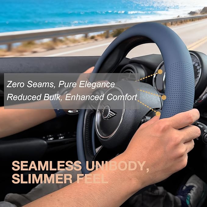 PINCTROT Large Size Nappa Leather Steering Wheel Cover, Slim Fit No Bulk Design, One Piece Leather with Breathable Perforation, Fit Like Gloves, 15.5-15.75 Inch(Nappa Smoky Blue)
