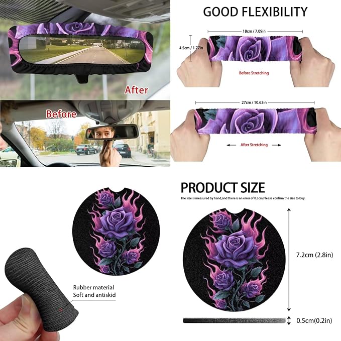 Purple Rose 15 PCS Car Seat Cover Set with Auto Steering Wheel Cover Seat Belt Strap Protector Cup Holder Trash Bag Rear View Mirror Protector Keychain