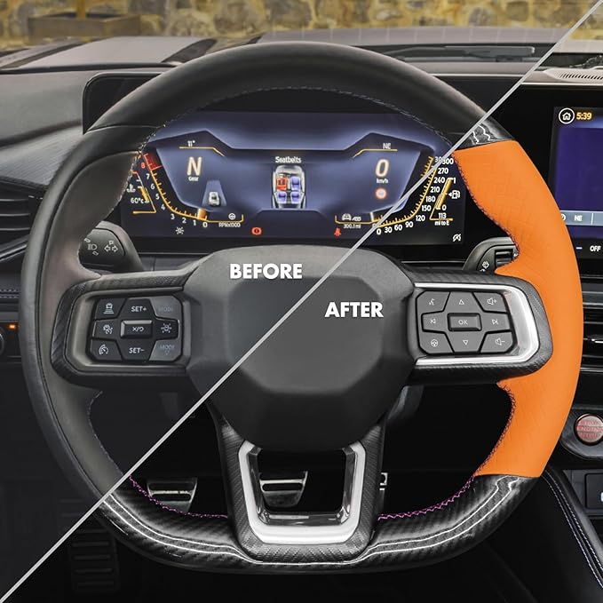 MEWANT Steering Wheel Cover for Ford Mustang 2024 Hand-Stitched Leather Steering Wheel Wrap