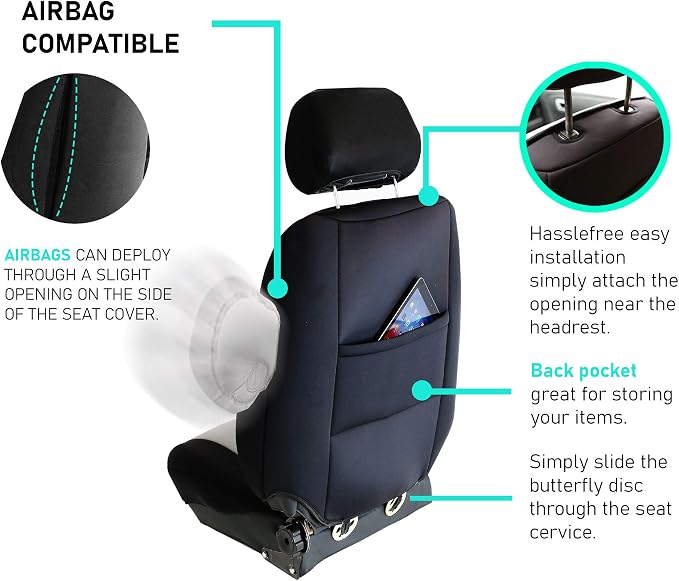FH Group Front Set Neoprene Car Seat Cover for Low Back Seats with Removable Headrest, Universal Fit, Airbag Compatible, Seat Cover for SUV, Van, Black