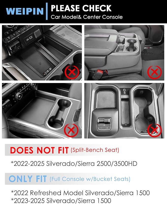 For 6PCS Refreshed Models 2022-2026 Silverado/Sierra 1500 & 2024-2026 Sierra 2500 3500 Console Liners-[3D High-Edge Liquid Silicone] Cup Holder Mats,Full Console w/Bucket Seats ONLY - White
