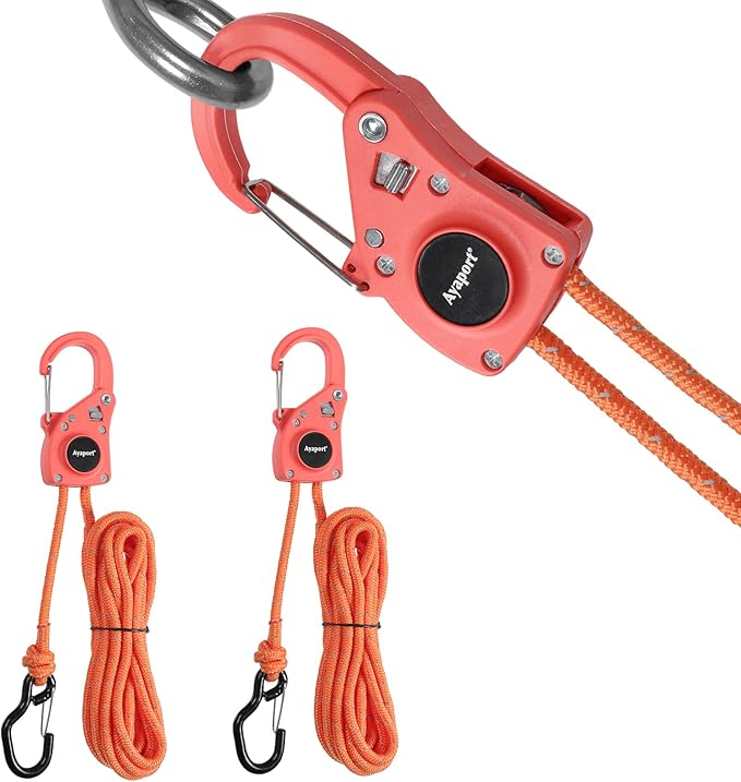 Ayaport Rope Tie Down Ratchet with Safety Lock Clip 1/4" x 12' Heavy Duty One-Piece Adjustable Kayak Straps for Tent, Tarp, Canopy Tie Downs,2Pk Orange