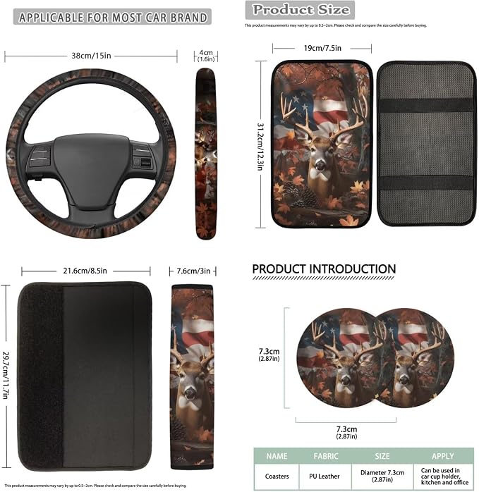 Bulopur Deer Hunting Camo Auto Seat Covers Full Set with Car Armrest Pad Seat Belt Covers Keychain American Flag Automotive Interior Decor Set for Truck SUV Van 14 Pack