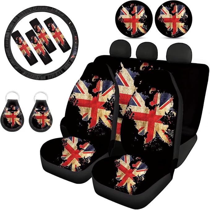 Howilath British Flag Stripe Pattern Universal Car Accessories(13 Pack) with Seat Covers Full Set,Steering Wheel Covers,Seatbelt Covers,Coasters,Keyrings,Interior Auto Protector Decor