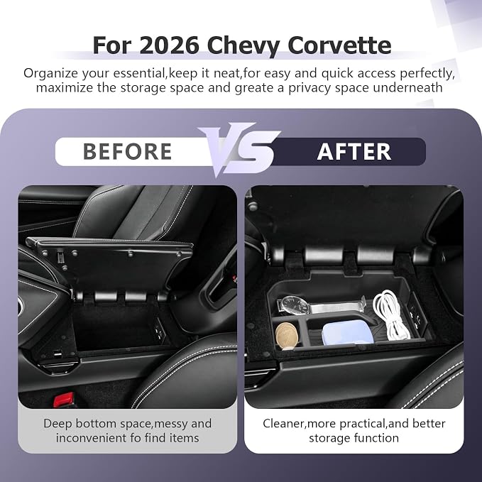 LUWU 2026 2027 Corvette Center Console Organizer for 2026 2027 Chevy Corvette Accessories (2LT/3LT/2LZ/3LZ) Armrest Console Storage Box Insert Tray ABS Material Black Coin Container