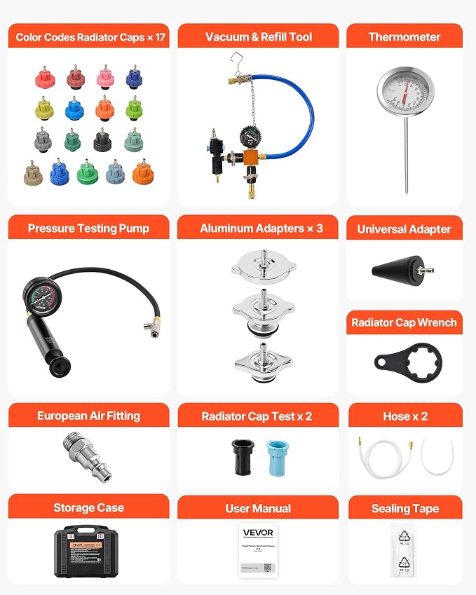 VEVOR Coolant Pressure Tester Kit, 47Pcs Radiator Vacuum Refill Kit with 3 Metal Adapters, Universal Fit, Automotive Cooling System Pressure Tester Tool, with Pressures Pump & Aluminum-Plastic Filler