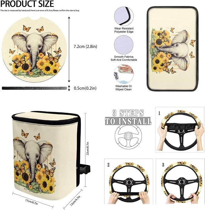 BIGCARJOB Sunflower Elephant Car Seat Cover Set for Front and Back,15 Pieces Sunflower Car Interior Sets with Car Seat Head Rest Protective Cover,Auto Garbage Bag,Auto Accessories Set
