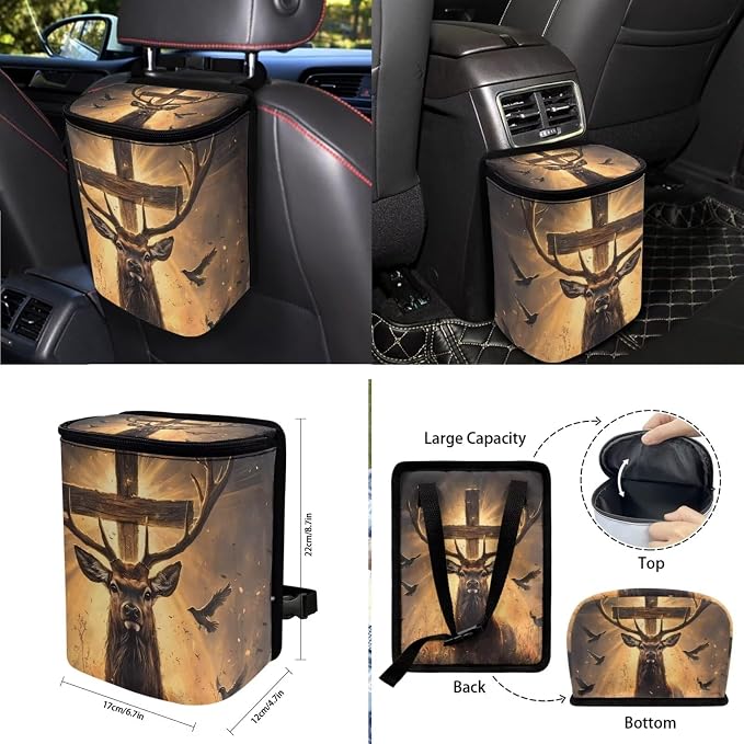 Deer Cross Dove Pattern Auto Seat Covers Full Set 10pcs Accessories for Auto Steering Wheel Cover Cup Coasters Keychain Car Trash Can Air Vent Storage Pounch for Women Men
