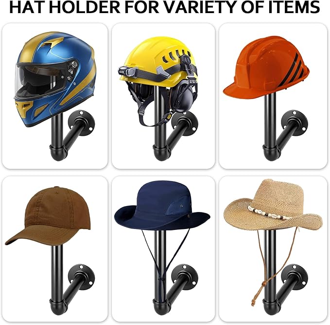 4PCS Metal Pipe Cowboy Hat Rack Wall Mount, Wooden Western Rustic Metal Hanger, Wall Mounted Helmet Holder for Multifunctional Display Hanger Stand for Cap Wig Hats, Fedora, Sun Hats