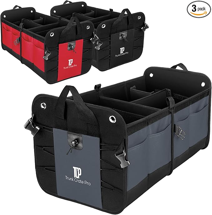 TRUNKCRATEPRO Save 16 per cent off Bundle of 3 collapsible portable multi compartments car trunk organizer for men and women (Gray, black and red)