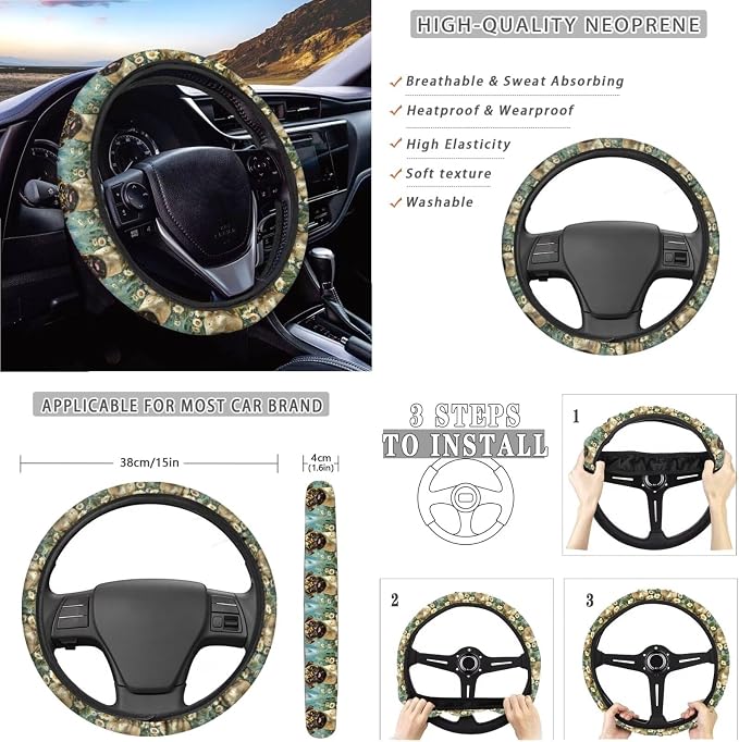 Xoenoiee Pug Dog Butterfly Floral Print Universal Car Seat Covers Full Set 11-pcs Car Interior Accessories, Car Coasters, Keychain, Steering Wheel Cover, Seat Belt Pad