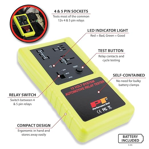 Performance Tool 3009 Compact Cordless Automotive Relay Tester for 12 Volt 4 and 5 pin relays and More