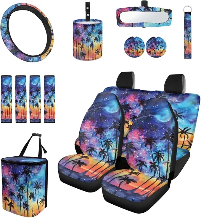 Tropical Palm Tree 15 Piece Car Seat Covers Full Set Car Steering Wheel Cover Auto Safe Belt Pads Cup Coasters Garbage Can Rear View Mirror Cover Keychains Wristlet Strap