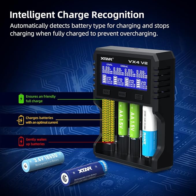 XTAR VX4 V2 Smart Battery Charger with LCD Screen, 1.5V & 1.2V AA AAA Rechargeable Batteries Tester, Multi-Slot Universal Battery Analyzer for 3.6V 3.7V Batteries （Not Included Any Batteries）