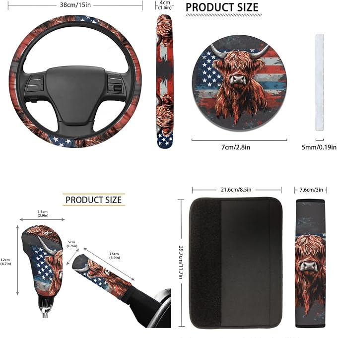 Tupalatus American Flag Highland Cow Car Seat Covers Full Set Fashion Car Interior Accessories Steering Wheel Cover Auto Seat Belt Cover Coasters Gear Shift Cover Hand Brake Cover 9 Pieces