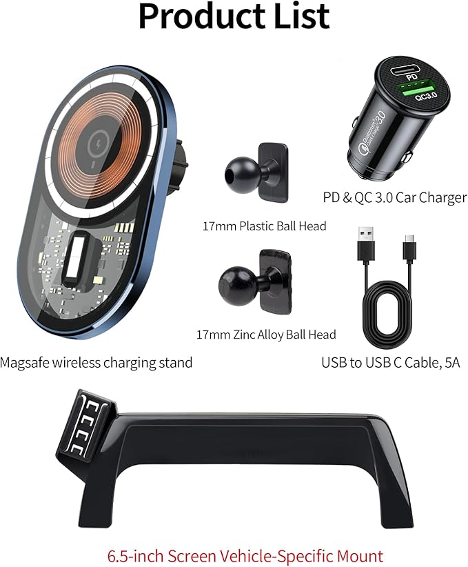 Wireless Charging Car Phone Holder for BMW 3 Series 2012-2018/2 Series/4 Series 2014-2018, 6.5" Screen Fixed Clip, 360° Rotation Car Phone Mount Compatible with MagSafe