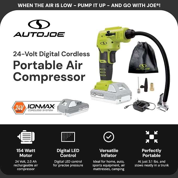 Sun Joe Cordless Tire Air Inflator and Compressor Kit w/ 2.0-Ah Battery, Charger and Nozzle Adapters - Portable Battery-Powered Inflating Tool for Car Wheels, Pools, and Bikes, IONMAX 24V-AJC-LTE