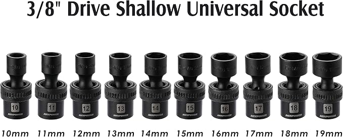MIXPOWER 10-piece 3/8" Drive Shallow Universal Impact Socket Set, Metric,10-19mm, Swivel Socket with Flexible Wobble, CR-MO